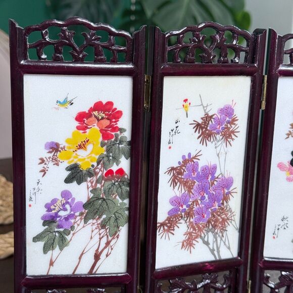 Vintage 2-Sided Hand Painted Marble Articles 4-panel Table Screen China Flowers - Picture 16 of 16